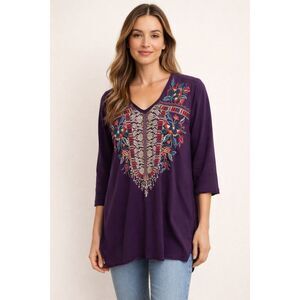 Johnny Was Claude Embroidered Tunic Blouse 3/4 Sleeve Small Artisan Deep Purple